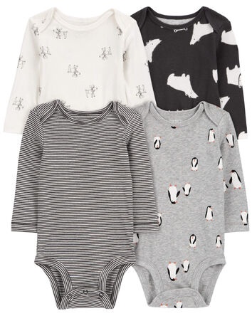 Baby 4-Pack Long-Sleeve Winter Animals Bodysuits, 