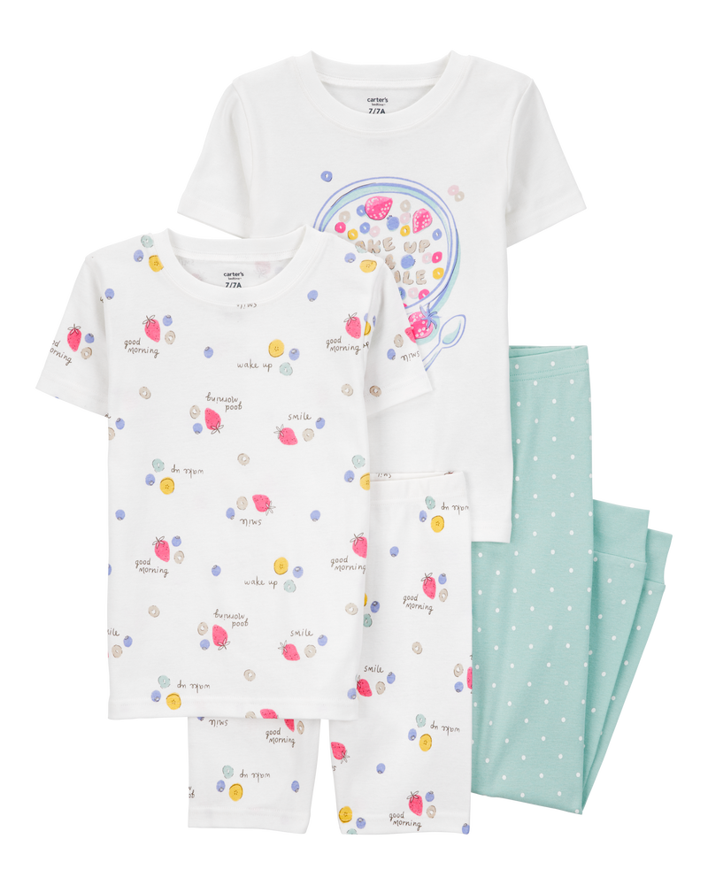 Kid 4-Piece Breakfast Cereal 100% Snug Fit Cotton Pajamas - Turquoise/White, image 1 of 4 slides