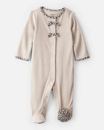 Baby Girl Bow Cotton Long-Sleeve Snug Fit Sleep & Play Pajamas - Brown, 