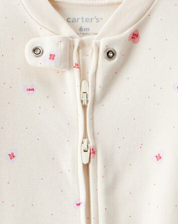 Baby Girl Valentine's Day Candy Heart 100% Cotton Snug Fit 2-Way Zip Sleep & Play Pajamas - Cream, 