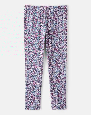 Girls Floral Cotton Pull-On Stretch Leggings - Purple, 