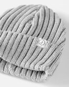 Baby Organic Cotton Ribbed Knit Beanie in Grey, image 2 of 3 slides
