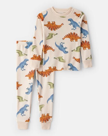 Toddler Boy Dinosaur Print Velour Long-Sleeve Loose Fit 2-Piece Pajamas - Tan, 