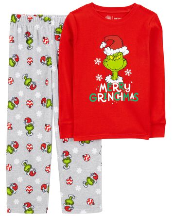 2-Piece Christmas Grinch Cotton & Fleece Pajamas, 