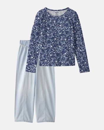 Girls 2-Piece Floral Top & Denim Jeans Set - Blue, 