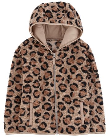 Leopard Sherpa Hooded Zip Jacket, 