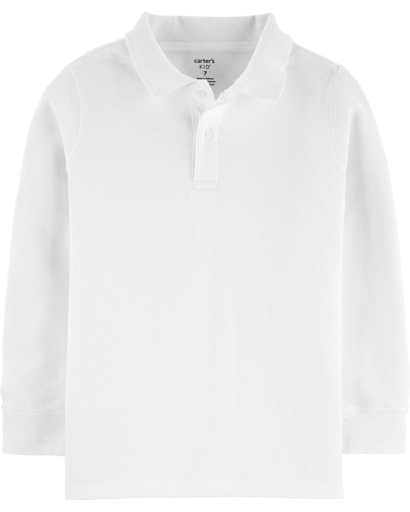 Kid White Long Sleeve Polo Uniform Shirt, image 1 of 1 slides