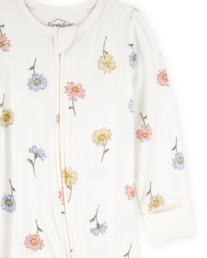 Baby Girl Floral Print 2-Way Zip PurelySoft Sleep & Play Pajamas - Ivory, image 3 of 6 slides