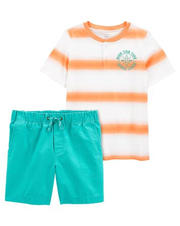 Kid 2-Piece Striped Jersey Henley & Pull-On Canvas Shorts Set
, 