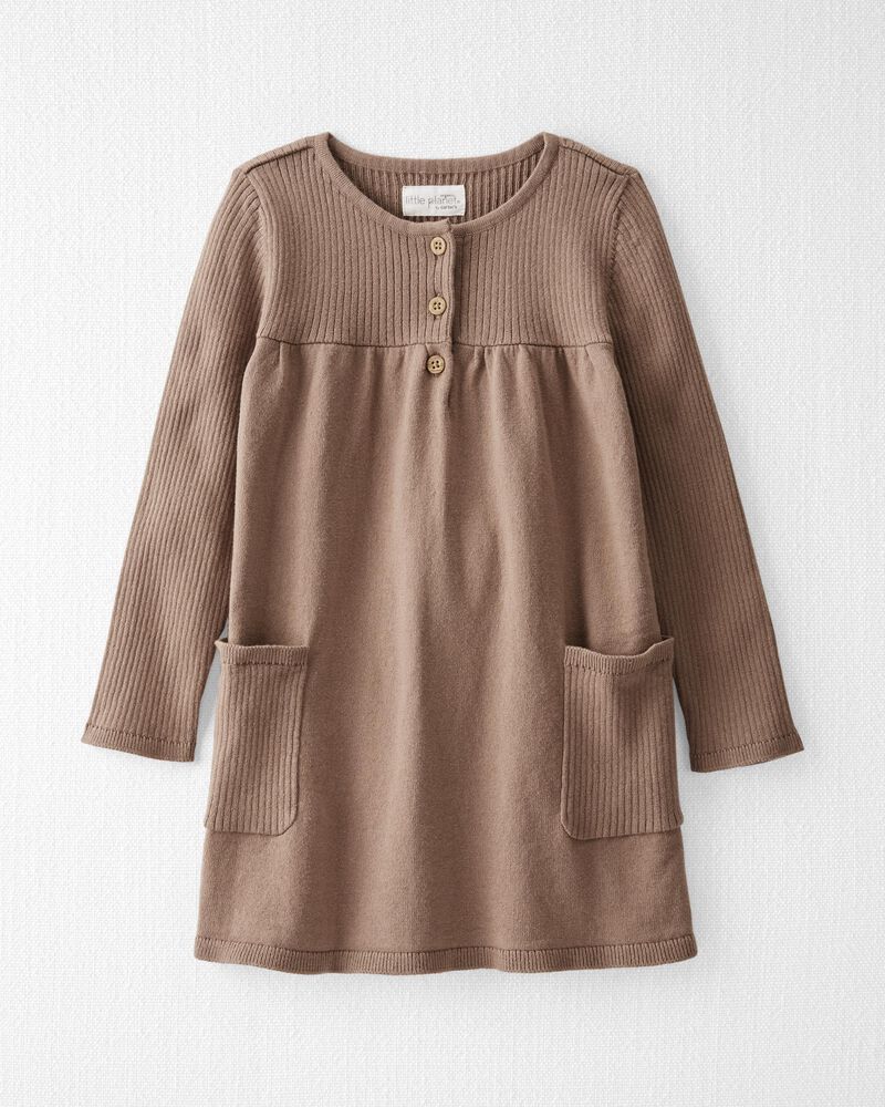 Toddler Organic Cotton Ribbed Sweater Knit Dress in Light Brown, image 1 of 5 slides