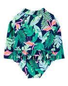 Baby 1-Piece Tropical Flamingo Long-Sleeve Rashguard Swimsuit, image 3 of 5 slides