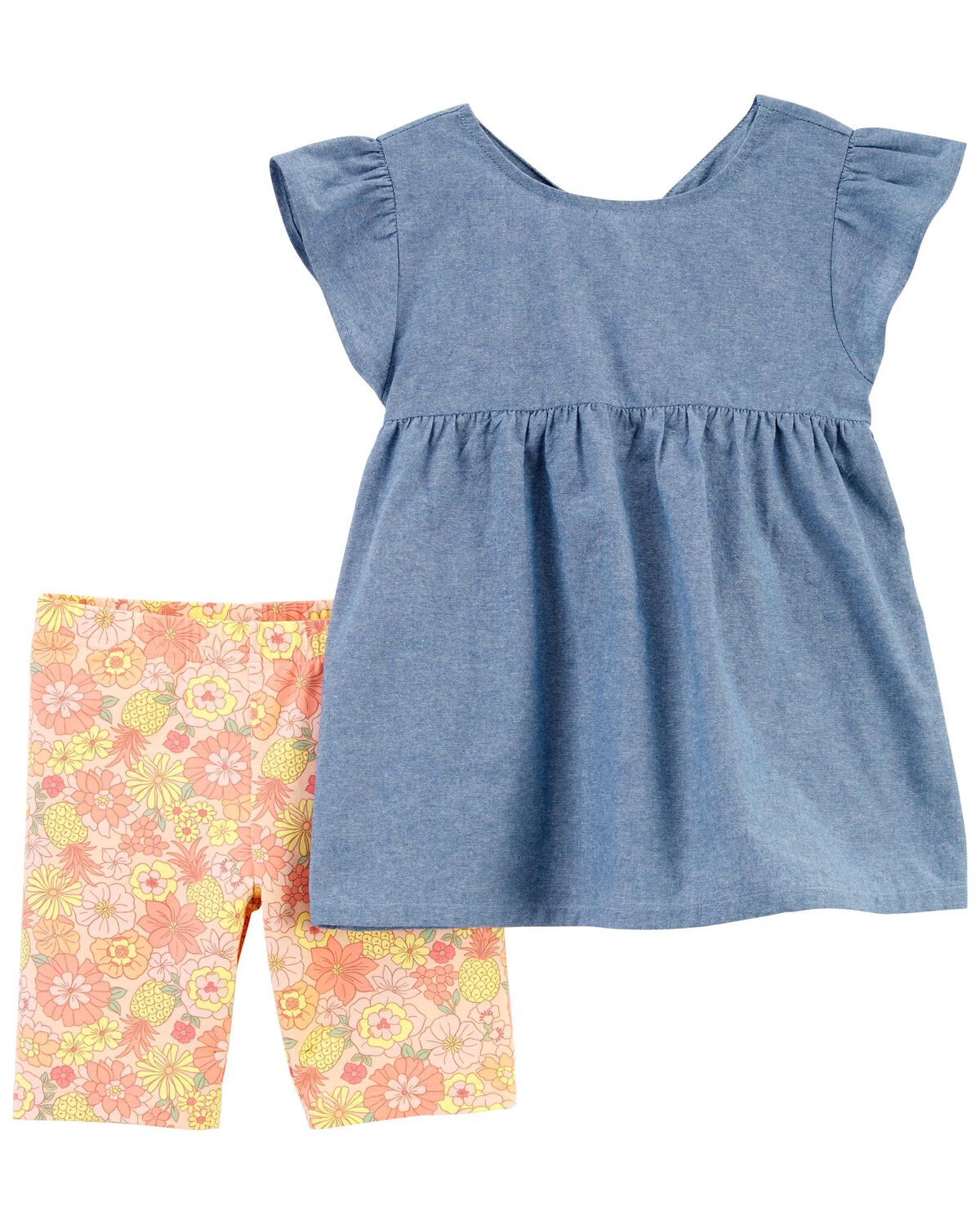 Blue/Yellow Kid 2Piece Chambray Top & Floral Bike Shorts