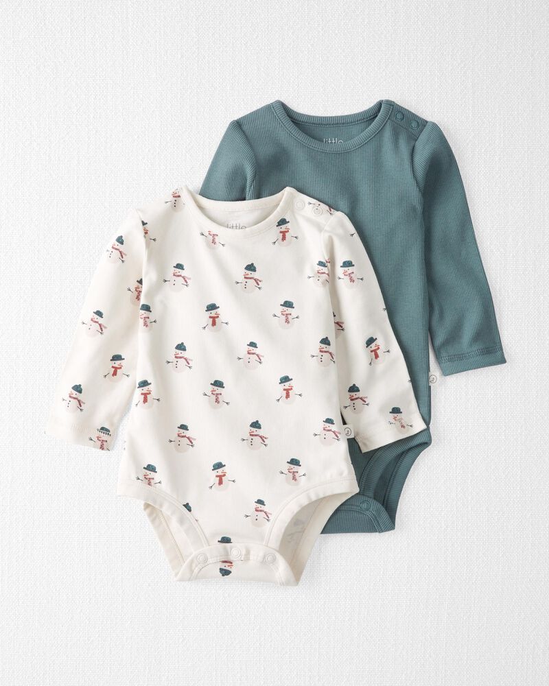 Baby 2-Pack Organic Cotton Rib Bodysuits in Snowman
, image 1 of 4 slides