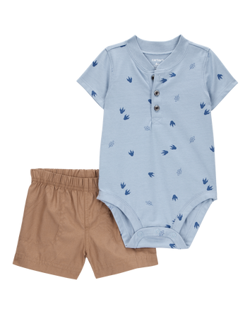Baby Boy 2-Piece Dinosaur Footprint Bodysuit & Short Set - Blue/Brown, 