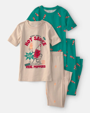Boys Hot Sauce 100% Cotton Snug Fit 4-Piece Pajama Set - Tan/Green, 