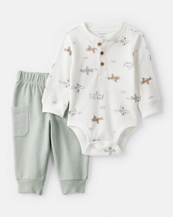 Baby Boy 2-Piece Airplane Thermal Bodysuit & Jogger Set - Green/White, 