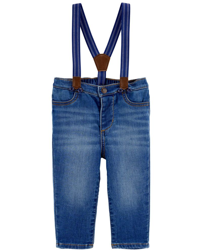 Baby Knit-Denim Suspender Pants, image 1 of 4 slides