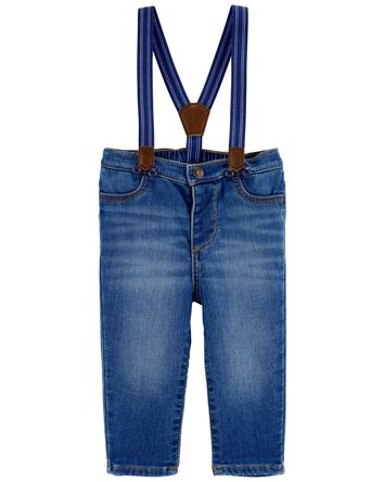 Baby Knit-Denim Suspender Pants, 