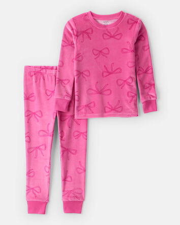Toddler Girl Bow Print Velour Long-Sleeve Loose Fit 2-Piece Pajamas - Pink, 