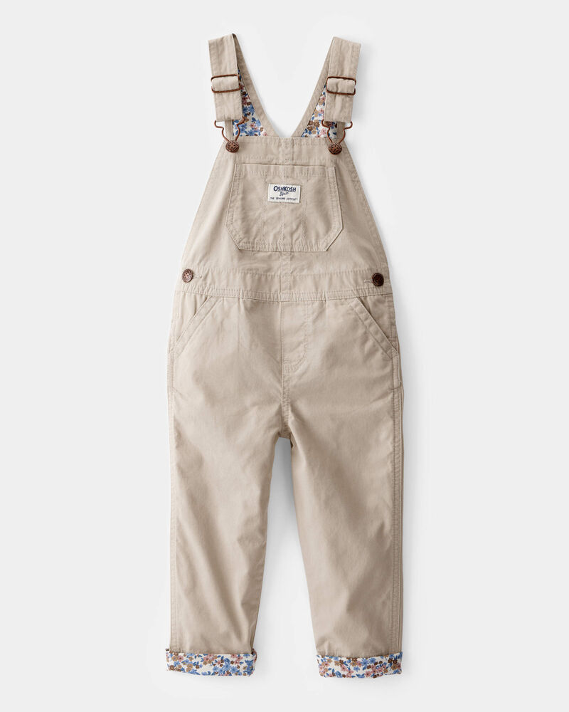 Toddler Lightweight Floral-Lined Canvas Overalls - Khaki, image 1 of 4 slides