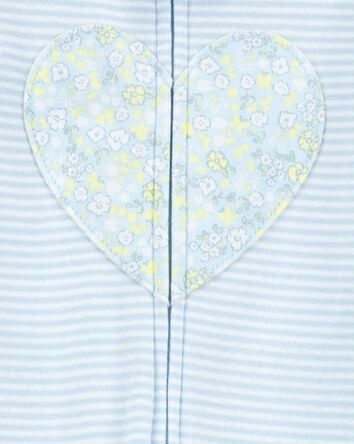 Toddler Girl Heart Striped Snug Fit Cotton Footie 1-Piece Pajamas - Blue, 