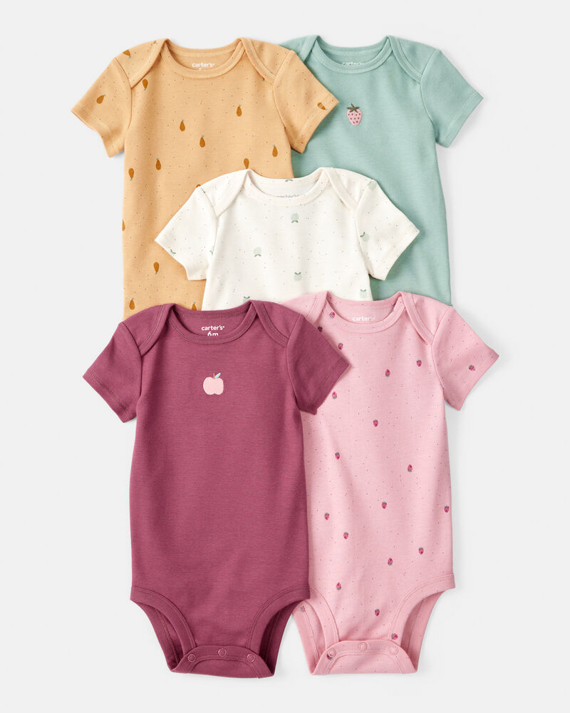 Baby Girl 5-Pack Fruit Print Cotton Multipack Bodysuits - Yellow/Green/Pink/Red/White, image 1 of 8 slides
