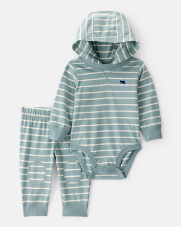Baby 2-Piece Striped Bear Hooded Bodysuit Pant Set - Green/White, 