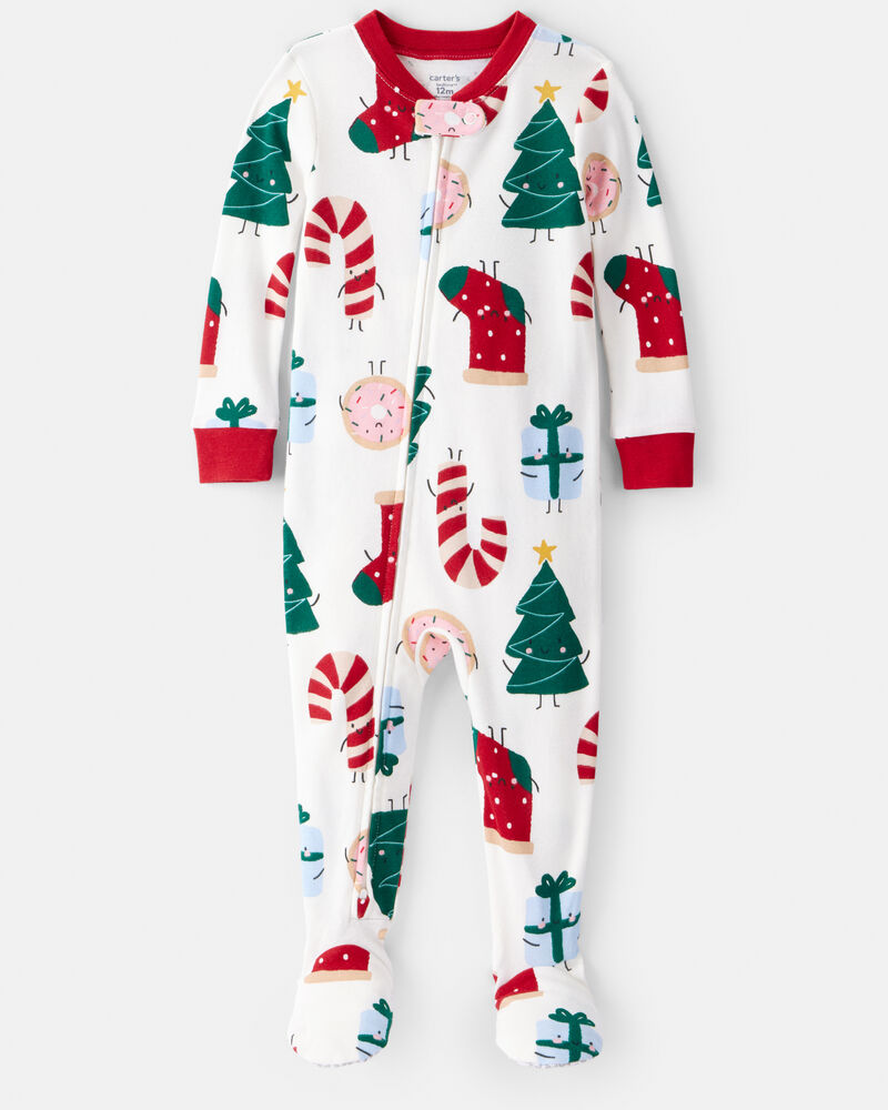 Baby Christmas Print 100% Cotton Long-Sleeve 2-Way Zip 1-Piece Pajamas, image 1 of 4 slides