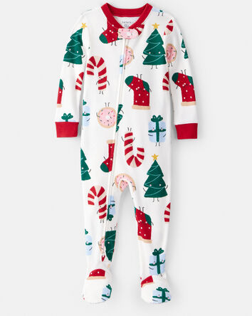 Baby Christmas Print 100% Cotton Long-Sleeve 2-Way Zip 1-Piece Pajamas, 