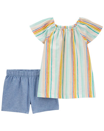 Kid 2-Piece Striped Top & Chambray Short Set, 