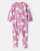 Baby Girl Polar Bear Fleece Long-Sleeve 2-Way Zip 1-Piece Pajamas - Purple, image 1 of 3 slides