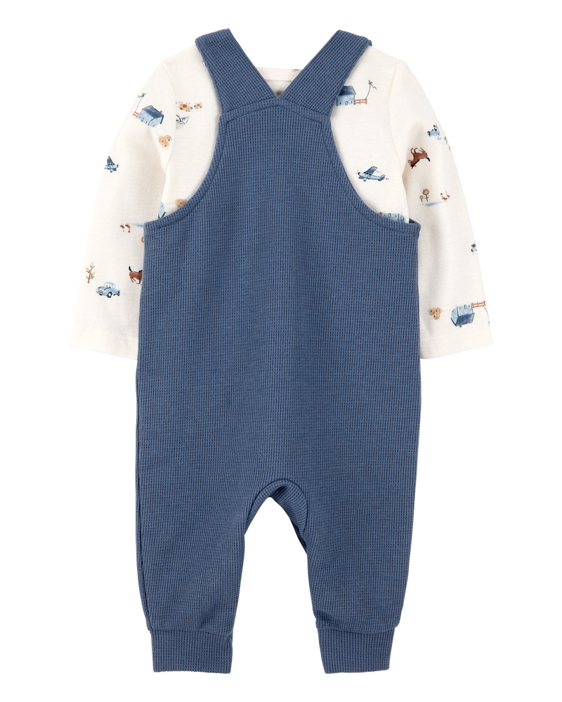 Baby 2-Piece Long-Sleeve Tee & Waffle Knit Coverall Set - Blue/White, image 2 of 7 slides