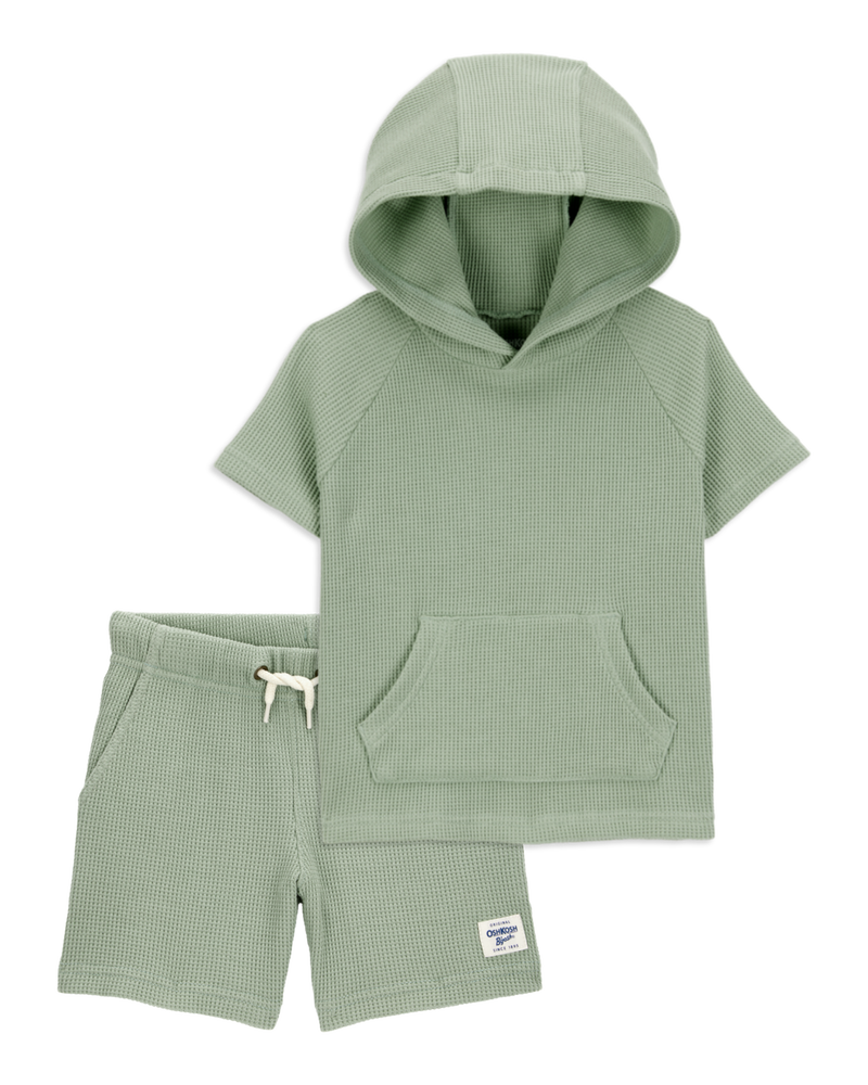 Toddler 2-Piece Waffle Knit Hooded Pullover & Drawsting Shorts Set - Green, image 1 of 9 slides