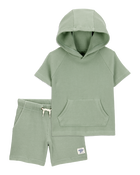 Toddler 2-Piece Waffle Knit Hooded Pullover & Drawsting Shorts Set - Green, image 1 of 9 slides
