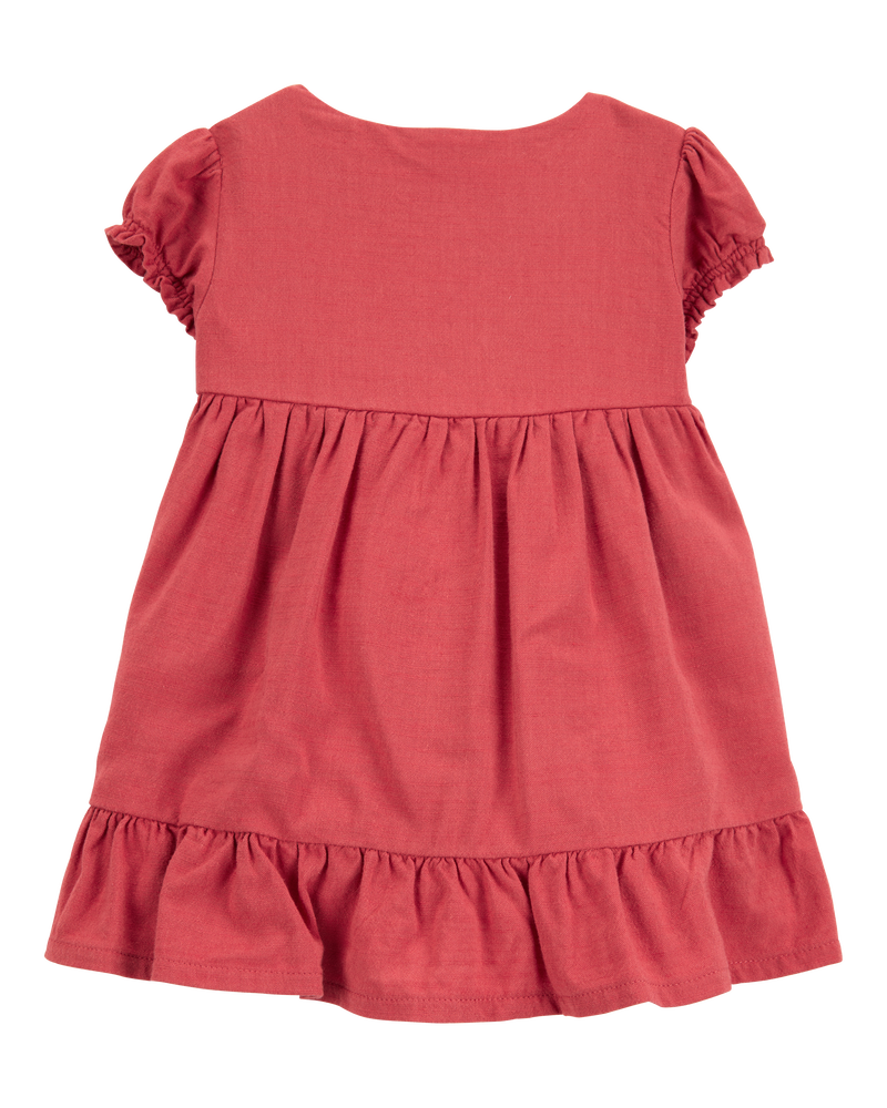 Baby Short-Sleeve Linen Look-Alike Tiered Dress - Red, image 2 of 5 slides