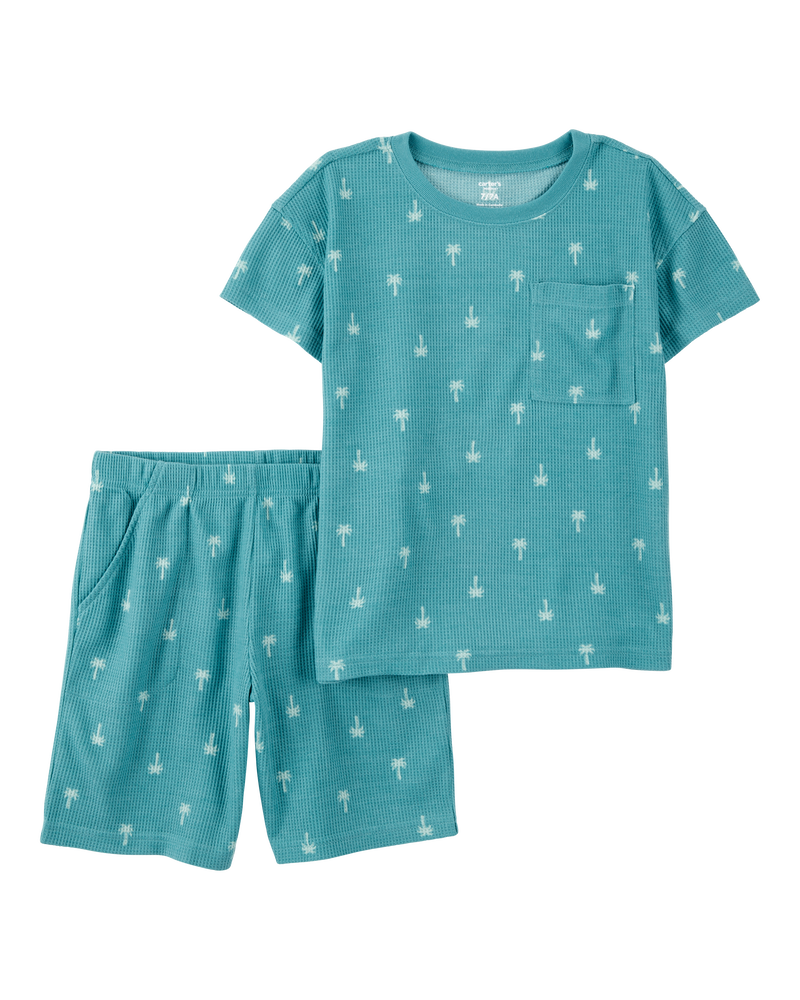 Boys Palm Tree Print Loose Fit Waffle Knit 2-Piece Pajamas - Turquoise, image 1 of 3 slides