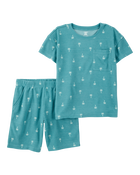 Boys Palm Tree Print Loose Fit Waffle Knit 2-Piece Pajamas - Turquoise, image 1 of 3 slides