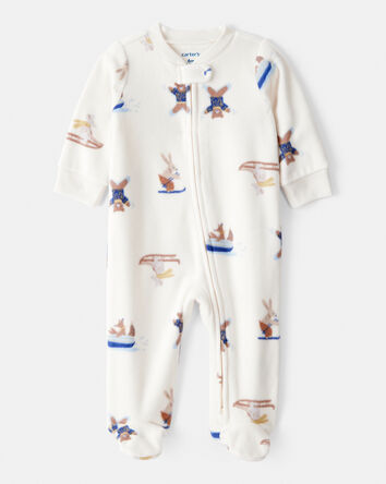 Baby Boy Animal Ski Print Loose Fit Long-Sleeve Sleep & Play Pajamas - Cream, 