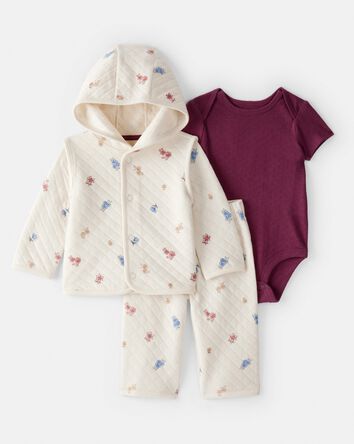 Baby Girl 3-Piece Floral Quilted Jacket Outfit Set - Maroon/Cream, 