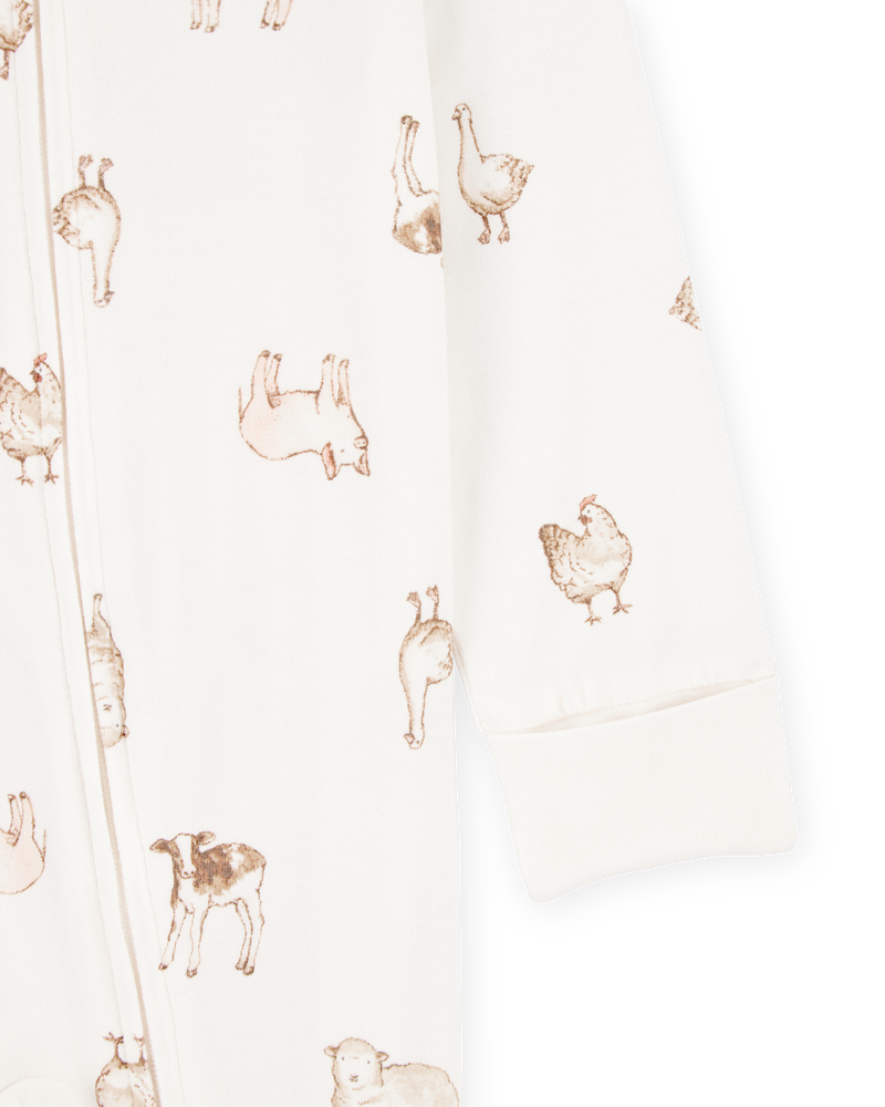 Baby Farm Animals Print 2-Way Zip PurelySoft Sleep & Play Pajamas - Ivory, image 2 of 6 slides