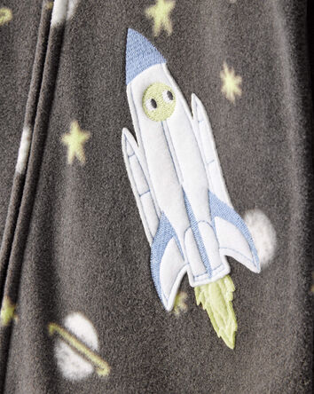 Baby Boy Spaceship Star Print Fleece Long-Sleeve Loose Fit 1-Piece Pajamas-Grey, 