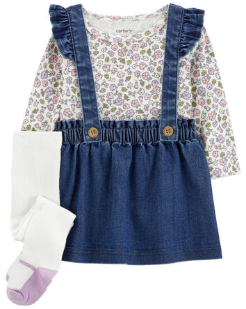 Baby 3-Piece Floral Long-Sleeve Bodysuit & Chambray Jumper Set, 