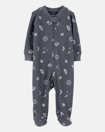 Baby Boy Space Print 2-Way Zip Waffle Knit Sleep & Play Pajamas - Grey, 
