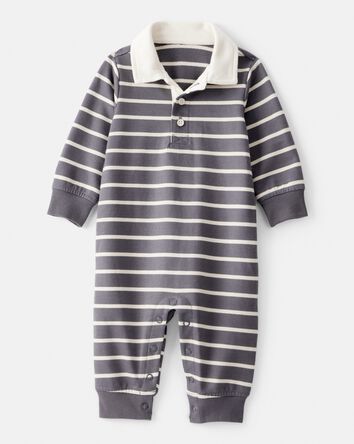 Baby Boy Striped Cotton Long-Sleeve Polo Jumpsuit - Grey/Ivory, 
