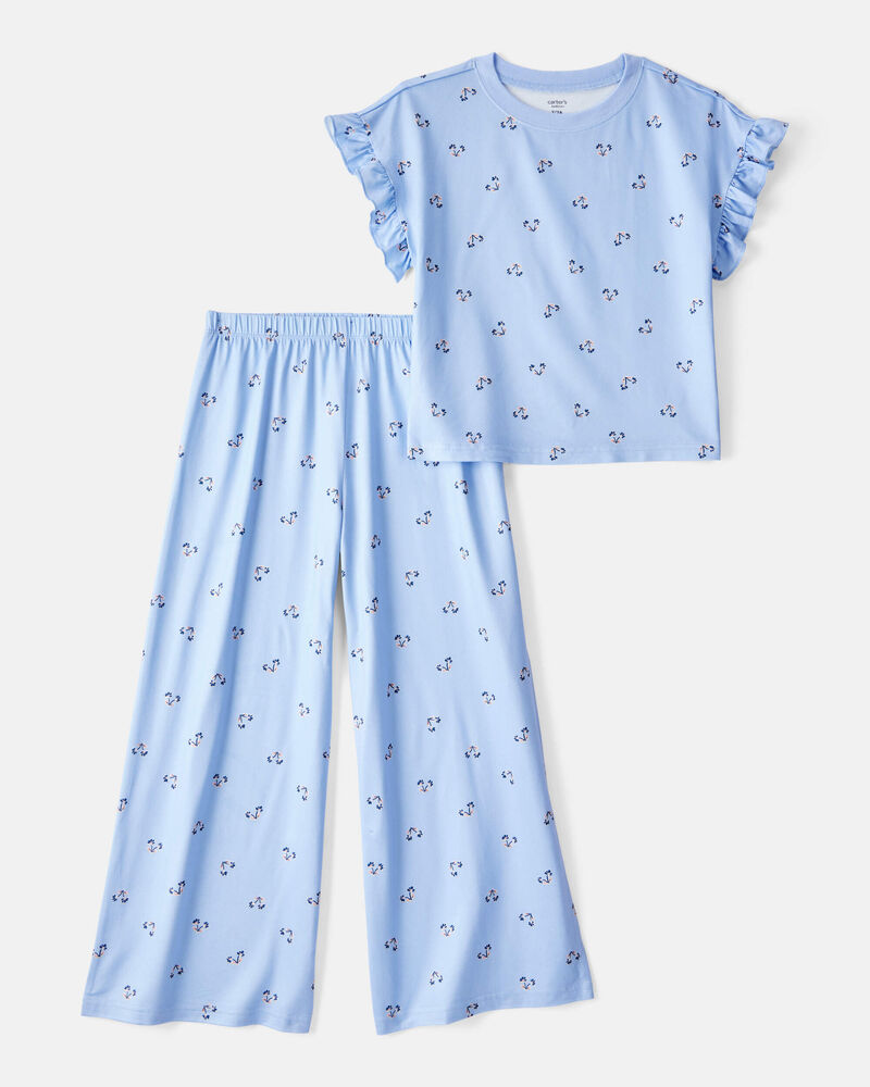 Kid 2-Piece Floral Flutter-Sleeve Pajamas - Blue, image 1 of 3 slides