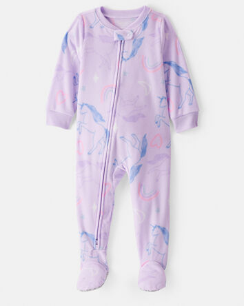 Baby Girl Unicorn Print Loose Fit Long-Sleeve 2-Way Zip 1-Piece Pajamas - Purple, 