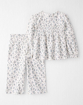 Toddler Girl 2-Piece Organic Cotton Crinkled Knit Set in BlueMist Bloom Print, 