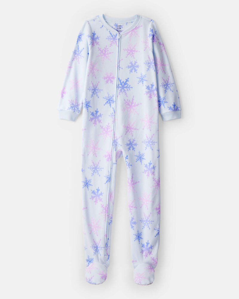 Girls Snowflake Fleece Long-Sleeve Loose Fit 1-Piece Pajamas - Blue, image 1 of 3 slides