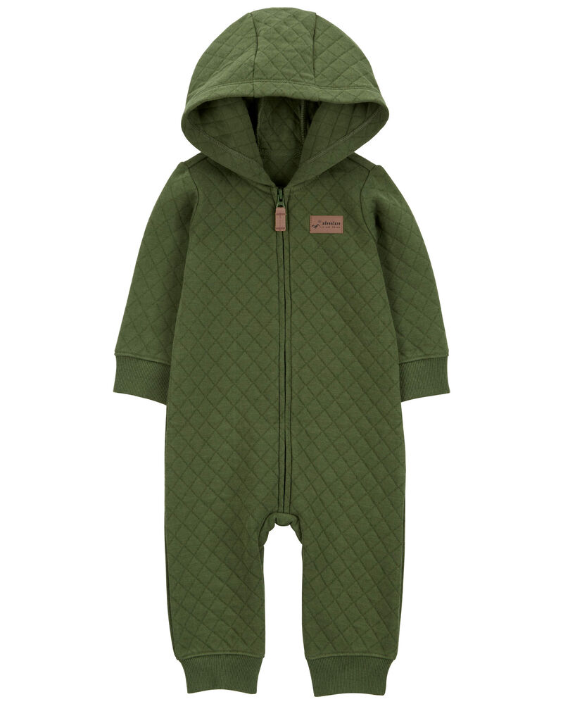 Baby Hooded Quilted Long-Sleeve Jumpsuit - Green, image 1 of 3 slides