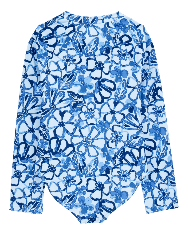 Kid 1- Piece Floral Long-Sleeve Rashguard Swimsuit - Blue, image 2 of 4 slides